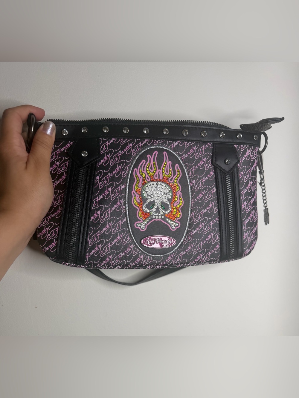 Ed Hardy Pink and Black Skull Flame shoulder bag